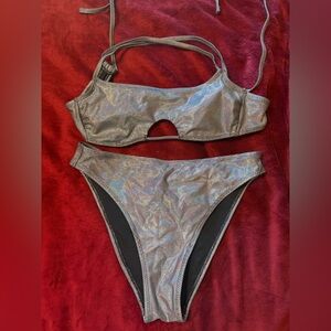 No Boundaries Silver Holographic Cutout Bikini
